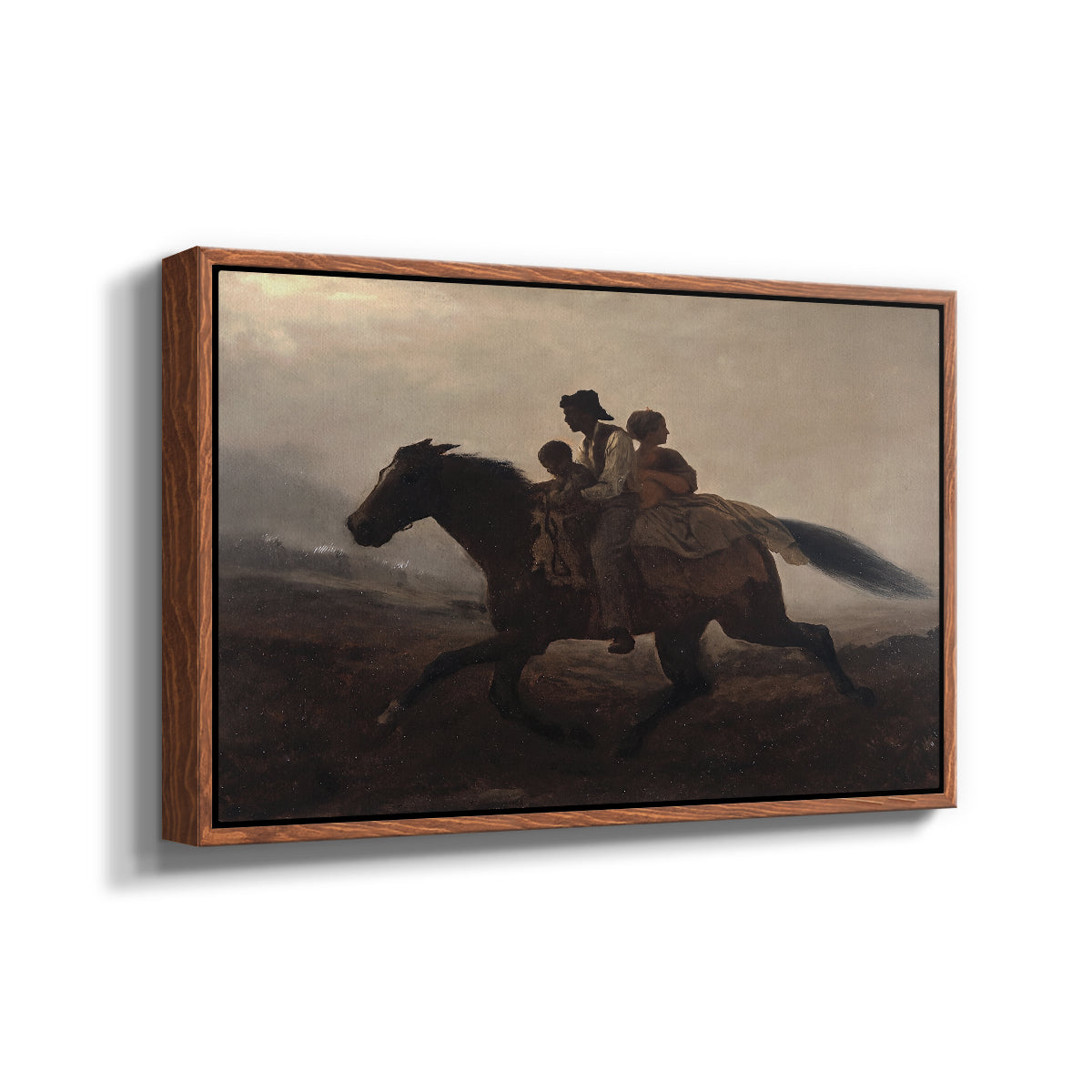 Angled view of A Ride for Liberty – The Fugitive Slaves, c. 1862 by Eastman Johnson in a walnut floater framed canvas.