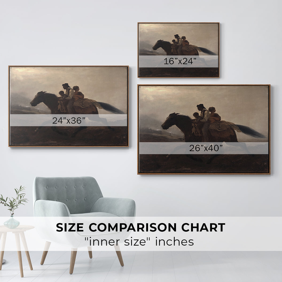 Size comparison chart for walnut floater framed canvas featuring A Ride for Liberty – The Fugitive Slaves, c. 1862 by Eastman Johnson.