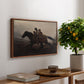 A Ride for Liberty – The Fugitive Slaves, c. 1862 by Eastman Johnson, presented in a walnut floater framed canvas featuring a family riding horseback through night escaping across landscape, displayed above a hallway console table.