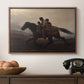 A Ride for Liberty – The Fugitive Slaves, c. 1862 by Eastman Johnson in a walnut floater framed canvas displayed above a console table in a hallway, featuring figures on horse moving swiftly through shadowy landscape.