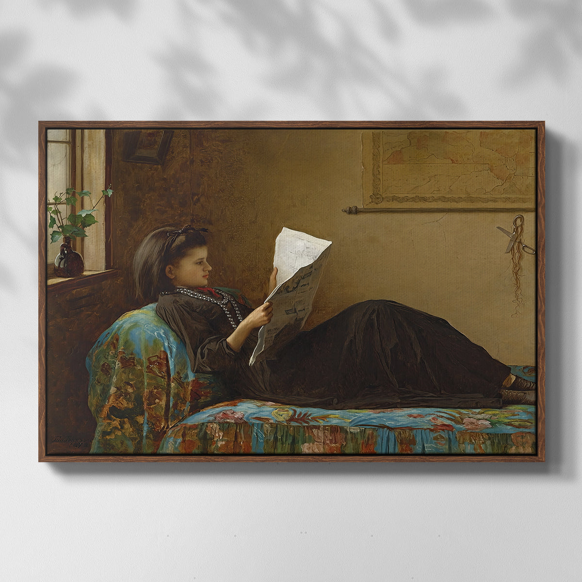 Front view of Interesting News, 1872 by Eastman Johnson in a walnut floater framed canvas.