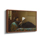 Angled view of Interesting News, 1872 by Eastman Johnson in a walnut floater framed canvas.