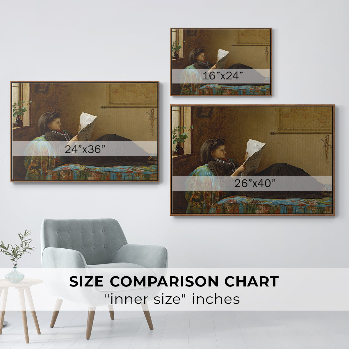 Size comparison chart for walnut floater framed canvas featuring Interesting News, 1872 by Eastman Johnson.