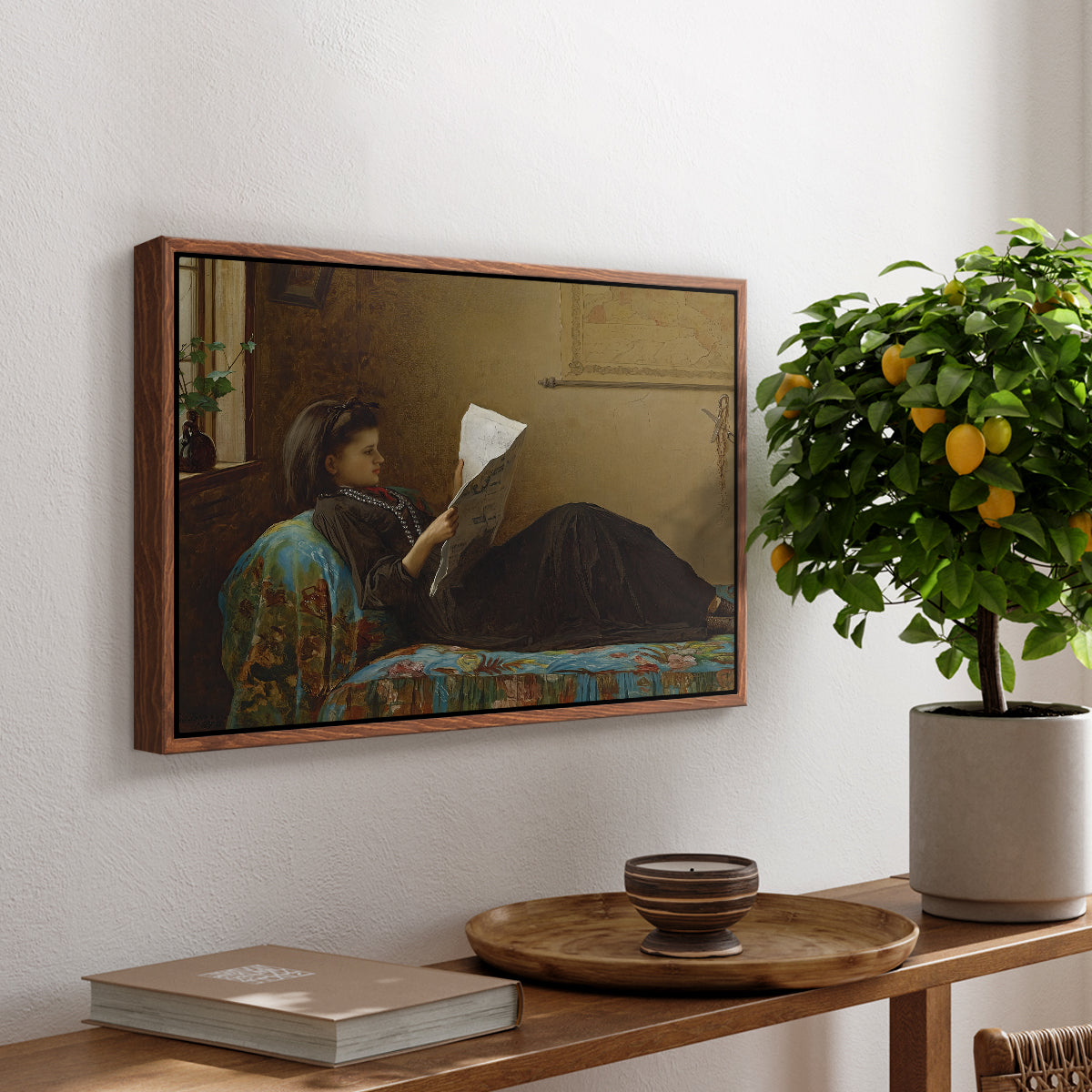 Interesting News, 1872 by Eastman Johnson, presented in a walnut floater framed canvas featuring a group of people gathered indoors reading newspaper together, displayed above a hallway console table.