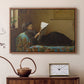 Walnut floater framed canvas featuring an Americana interior with people focused on printed page, displayed above a cabinet in a soft-toned living room.
