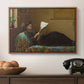 Interesting News, 1872 by Eastman Johnson in a walnut floater framed canvas displayed above a console table in a hallway, featuring a casual gathering around newspaper in rustic room.