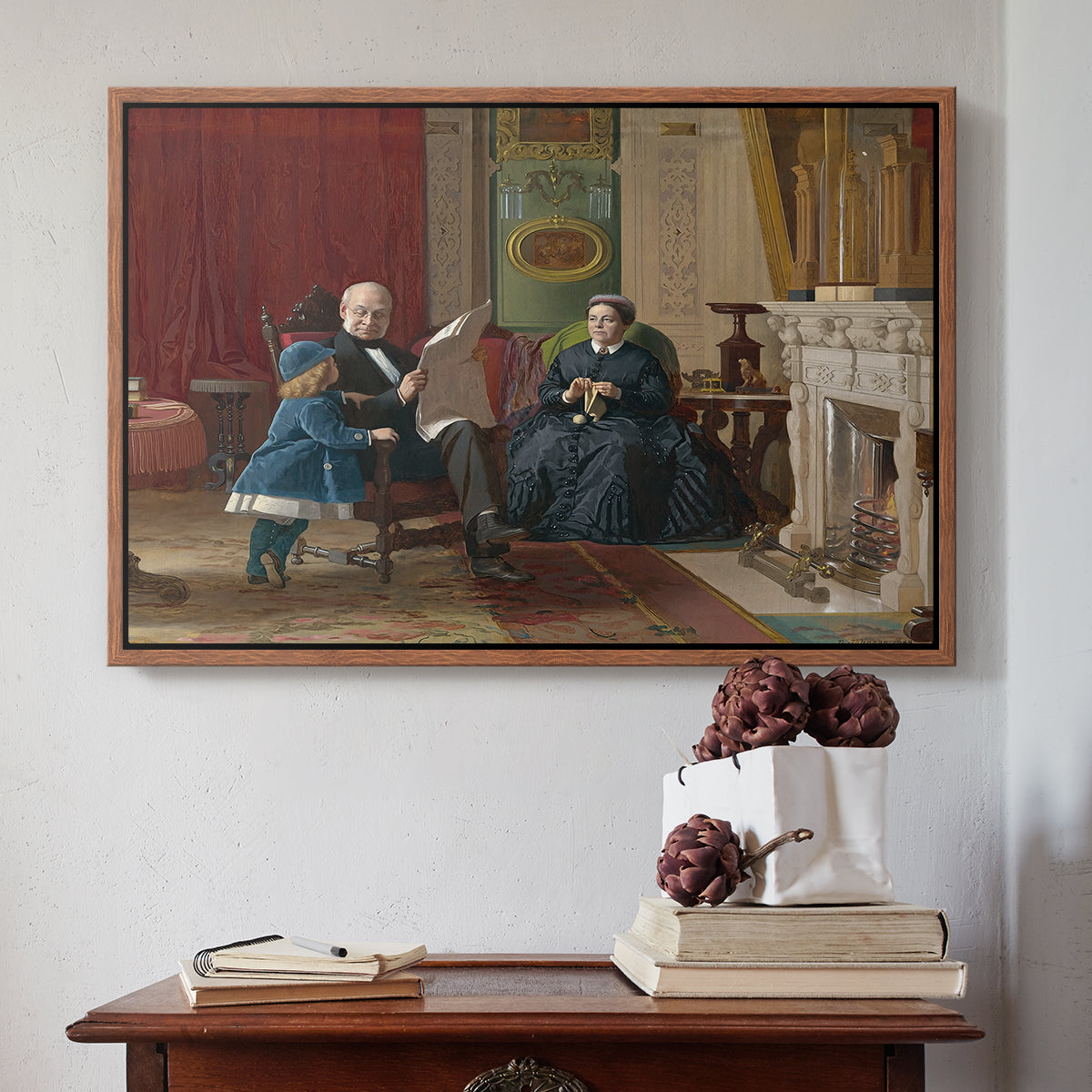 Walnut floater framed canvas featuring The Brown Family, 1869 by Eastman Johnson above an entryway table in a minimalist foyer.