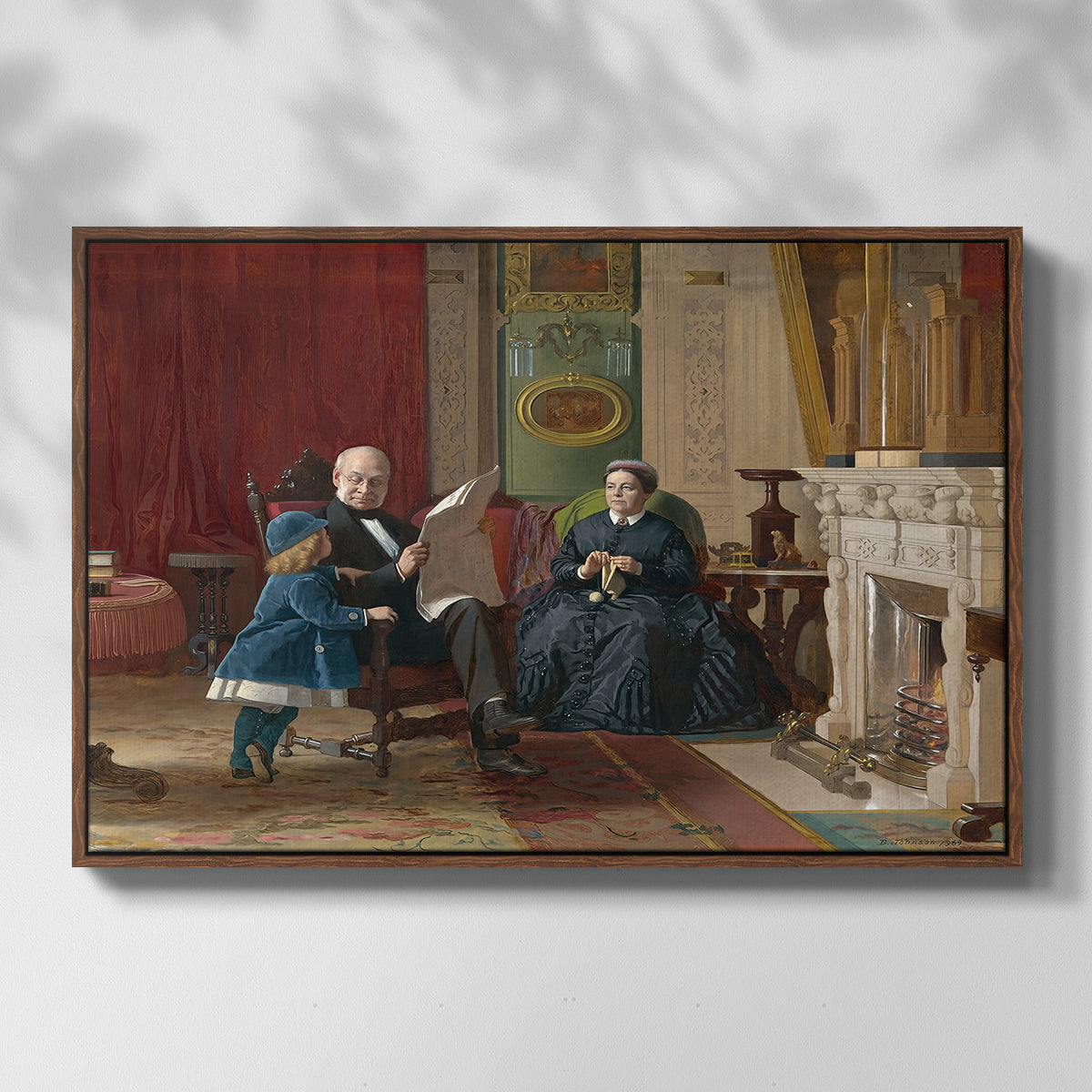 Front view of The Brown Family, 1869 by Eastman Johnson in a walnut floater framed canvas.
