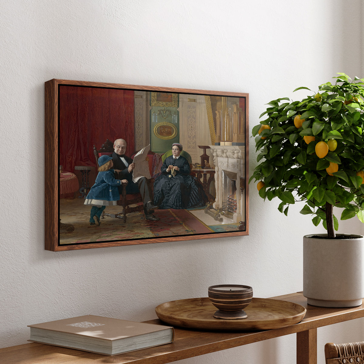 The Brown Family, 1869 by Eastman Johnson, presented in a walnut floater framed canvas featuring a family seated together in interior room engaged in quiet activity, displayed above a hallway console table.