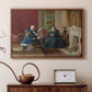 Walnut floater framed canvas featuring an Americana scene with figures sitting and interacting indoors, displayed above a cabinet in a soft-toned living room.