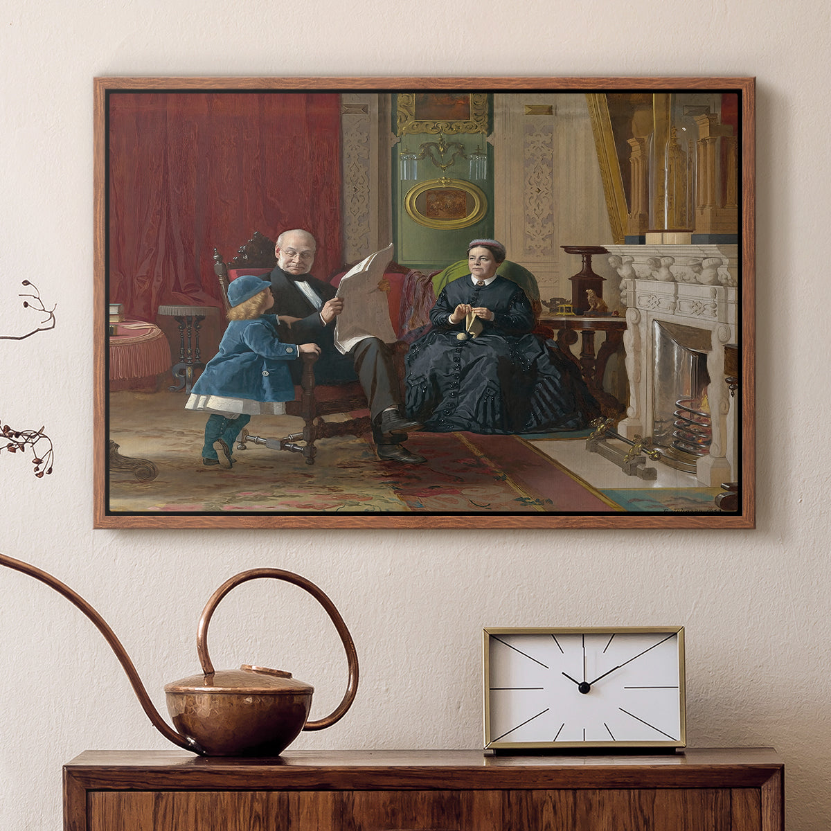 Walnut floater framed canvas featuring an Americana scene with figures sitting and interacting indoors, displayed above a cabinet in a soft-toned living room.