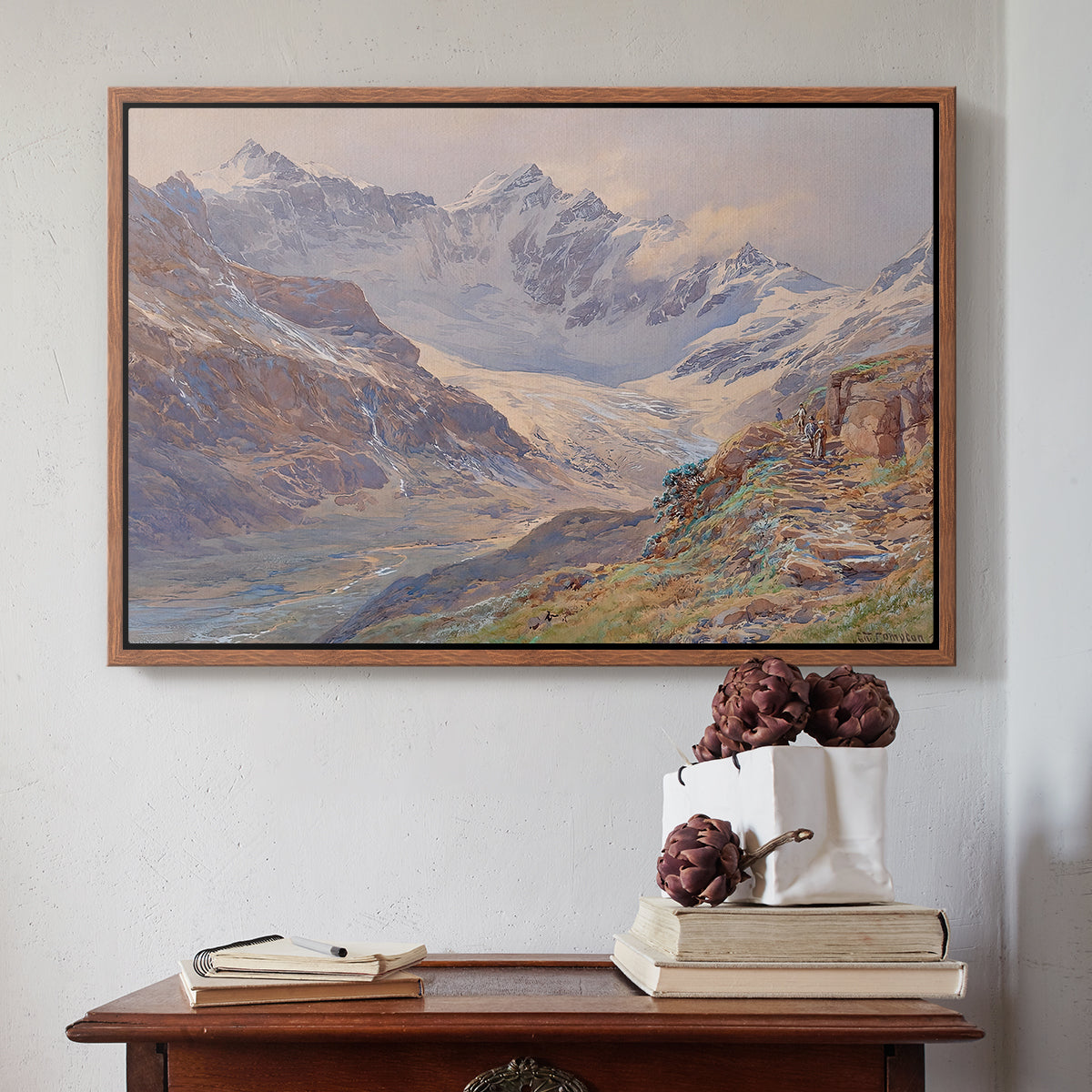 Walnut floater framed canvas featuring Odenwinklkees with the Johannisberg, 1902 by Edward Theodore Compton above an entryway table in a minimalist foyer.