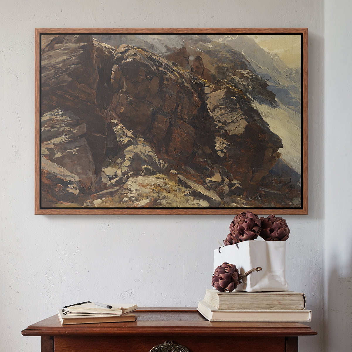Walnut floater framed canvas featuring High Mountain Study, c. 1870 by Edward Theodore Compton above an entryway table in a minimalist foyer.