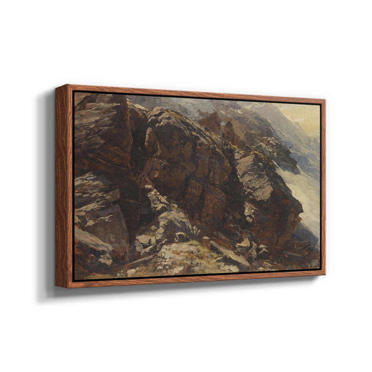Angled view of High Mountain Study, c. 1870 by Edward Theodore Compton in a walnut floater framed canvas.