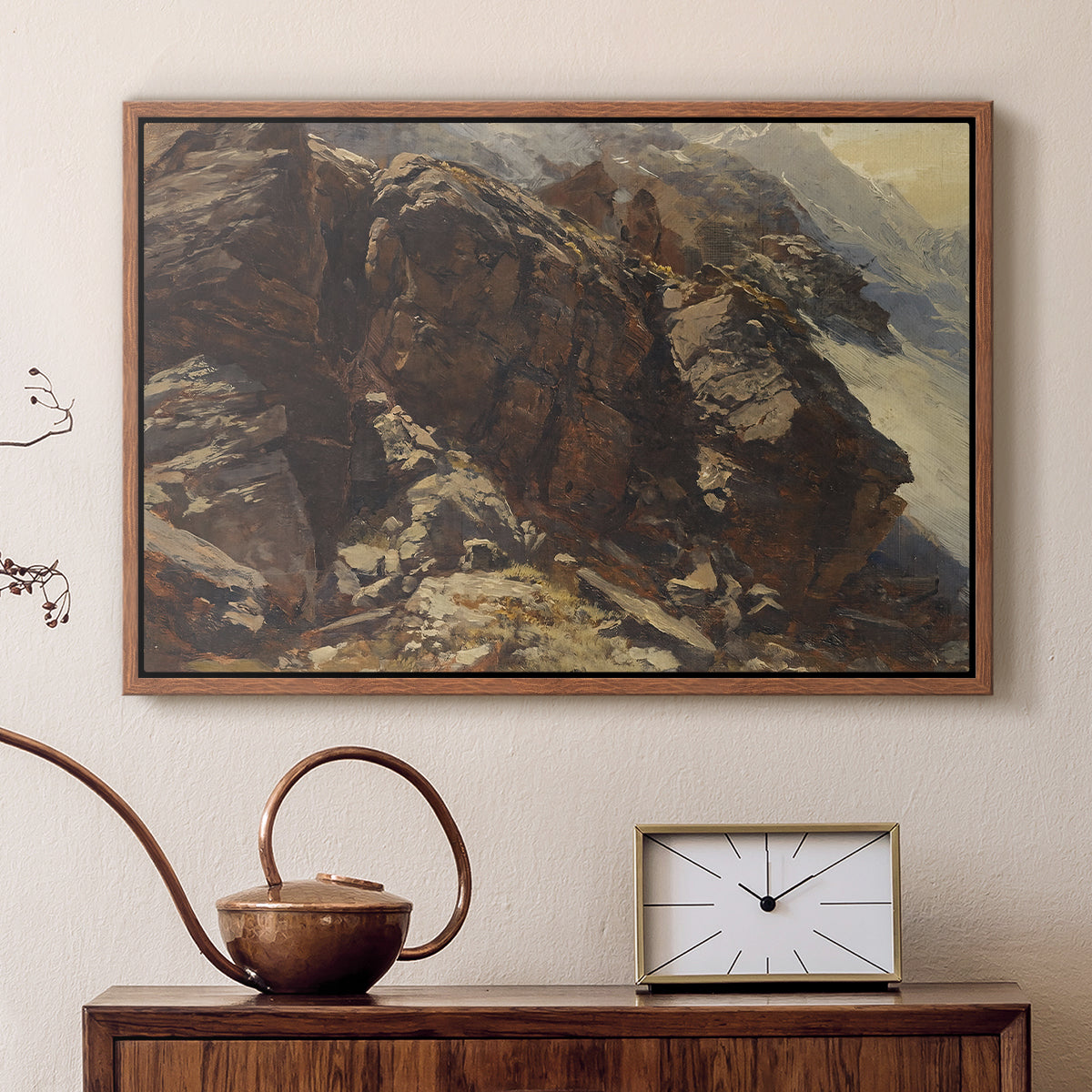 Walnut floater framed canvas featuring a high-altitude scene with rocky formations and sparse vegetation, displayed above a cabinet in a soft-toned living room.