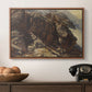 High Mountain Study, c. 1870 by Edward Theodore Compton in a walnut floater framed canvas displayed above a console table in a hallway, featuring a realistic depiction of mountainous terrain under open sky.