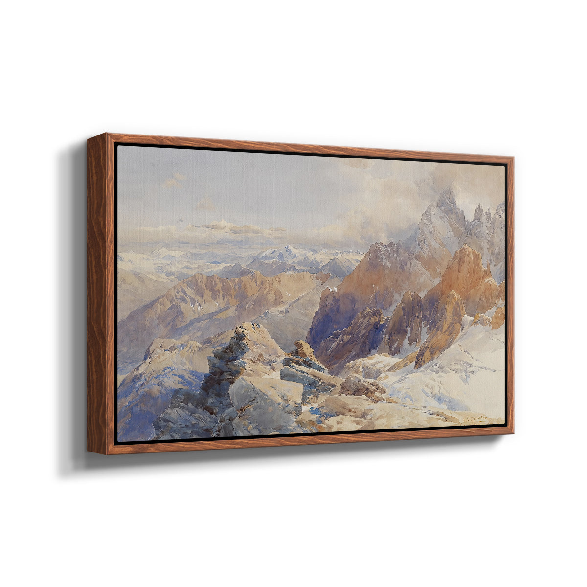 Angled view of Col du Géant, 1903 by Edward Theodore Compton in a walnut floater framed canvas.