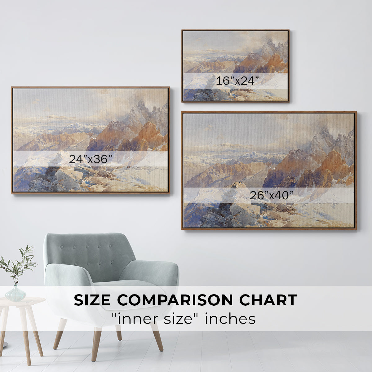Size comparison chart for walnut floater framed canvas featuring Col du Géant, 1903 by Edward Theodore Compton.