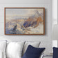Col du Géant, 1903 by Edward Theodore Compton displayed above a sofa in a living room in a walnut floater frame, featuring a high mountain landscape featuring dramatic ridges and glacier terrain.