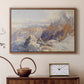 Walnut floater framed canvas featuring a panoramic alpine view with snow and rocky cliffs, displayed above a cabinet in a soft-toned living room.