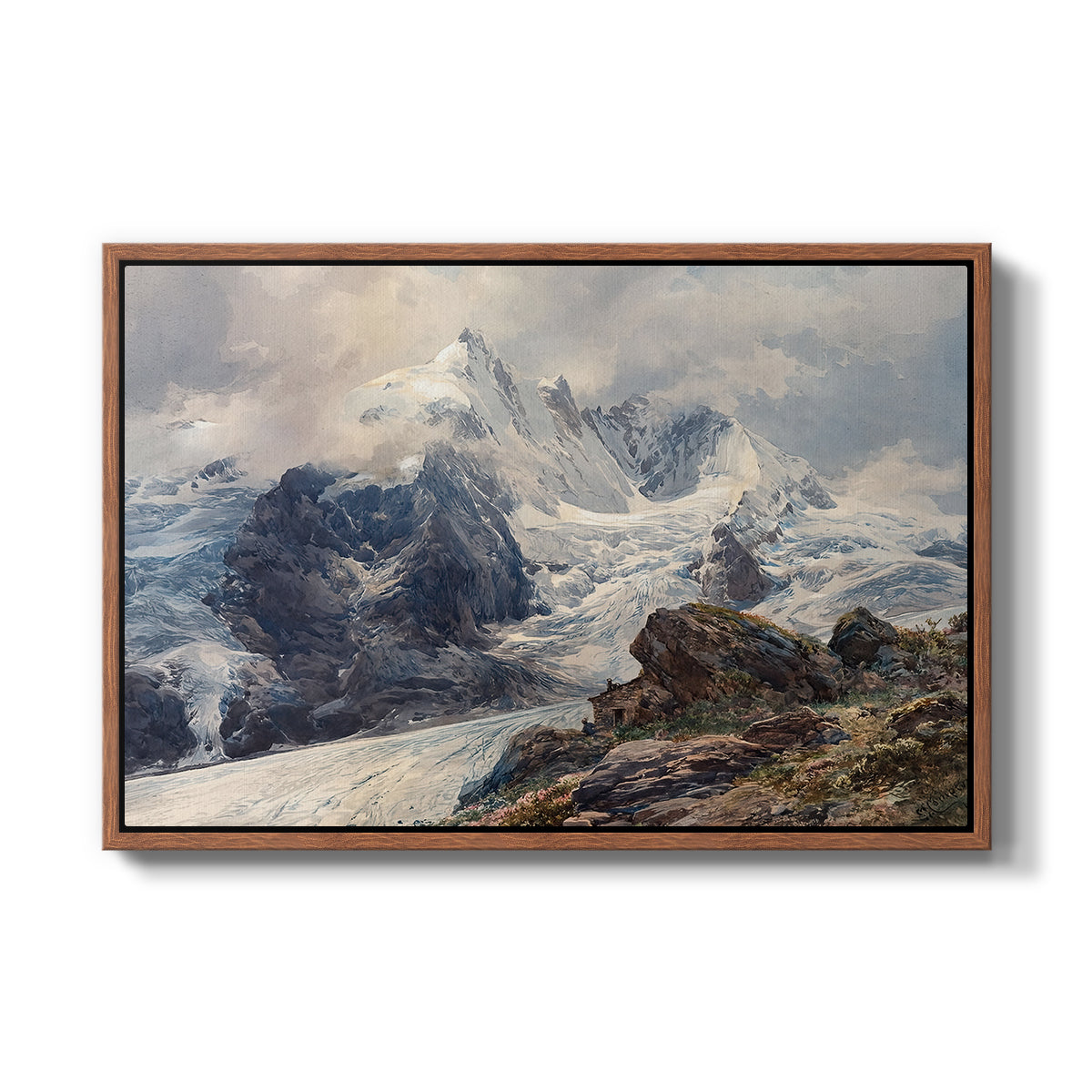 The Grossglockner, 1880 by Edward Theodore Compton in a walnut floater framed canvas wall art display.