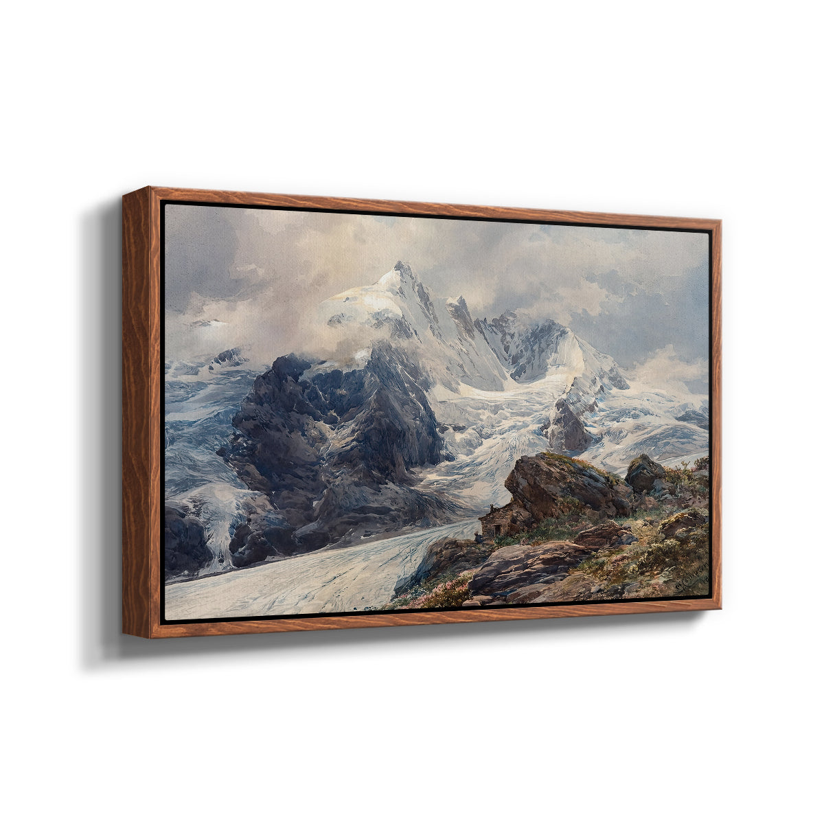 Angled view of The Grossglockner, 1880 by Edward Theodore Compton in a walnut floater framed canvas.