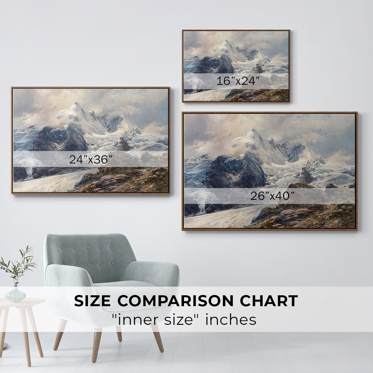 Size comparison chart for walnut floater framed canvas featuring The Grossglockner, 1880 by Edward Theodore Compton.