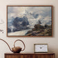 Walnut floater framed canvas featuring a realistic landscape of high mountain under open sky, displayed above a cabinet in a soft-toned living room.