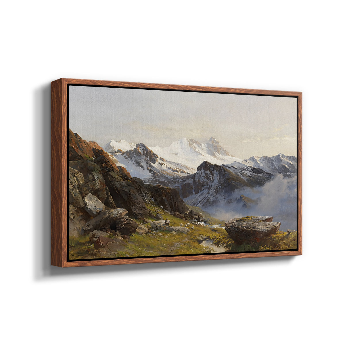 Angled view of The Großglockner from the Prager Hut, 1890 by Edward Theodore Compton in a walnut floater framed canvas.