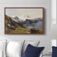 The Großglockner from the Prager Hut, 1890 by Edward Theodore Compton displayed above a sofa in a living room in a walnut floater frame, featuring a mountain summit seen from elevated viewpoint with surrounding landscape.