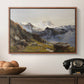 The Großglockner from the Prager Hut, 1890 by Edward Theodore Compton in a walnut floater framed canvas displayed above a console table in a hallway, featuring a scenic mountain view with dramatic elevation and depth.