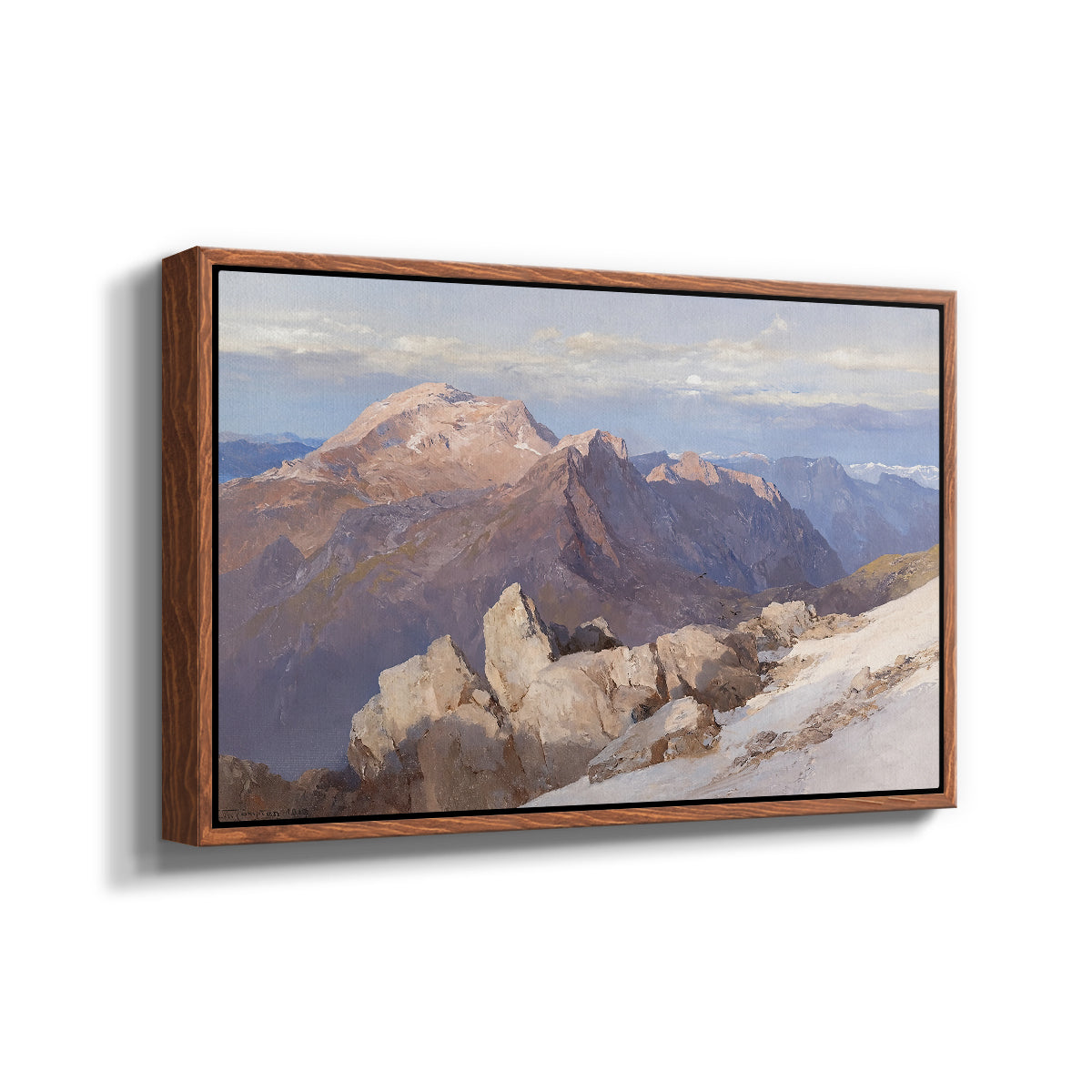 Angled view of Hoher Göll from Watzmann-Hocheck, 1919 by Edward Theodore Compton in a walnut floater framed canvas.
