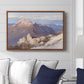 Hoher Göll from Watzmann-Hocheck, 1919 by Edward Theodore Compton displayed above a sofa in a living room in a walnut floater frame, featuring an alpine panorama showing layered peaks and valleys.
