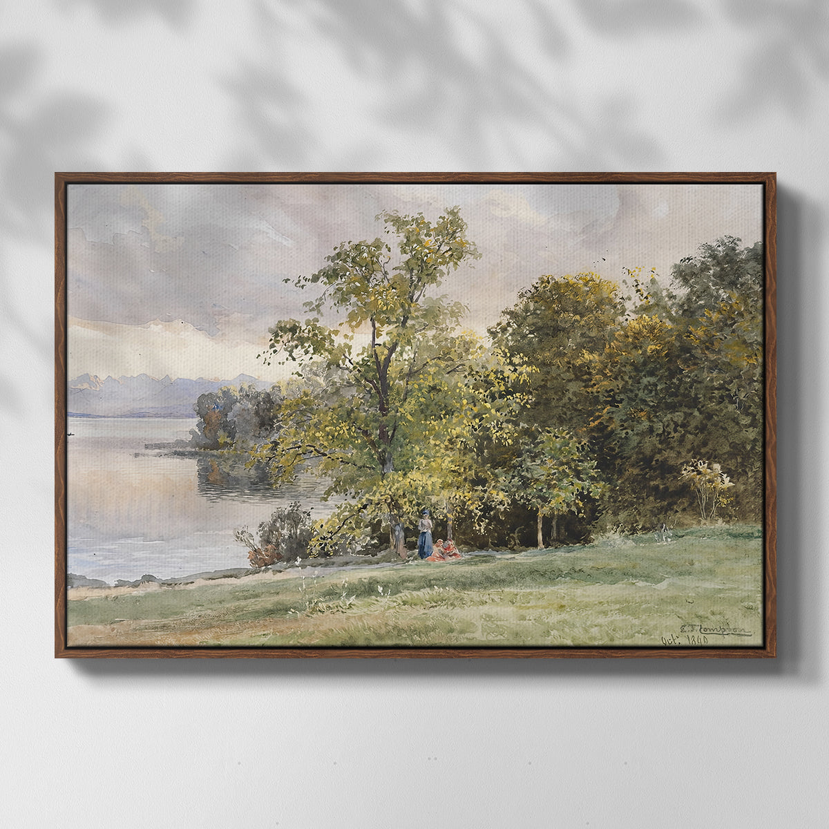 Front view of Landscape at Lake Starnberg, 1890 by Edward Theodore Compton in a walnut floater framed canvas.