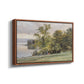 Angled view of Landscape at Lake Starnberg, 1890 by Edward Theodore Compton in a walnut floater framed canvas.