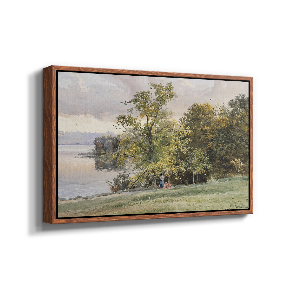 Angled view of Landscape at Lake Starnberg, 1890 by Edward Theodore Compton in a walnut floater framed canvas.