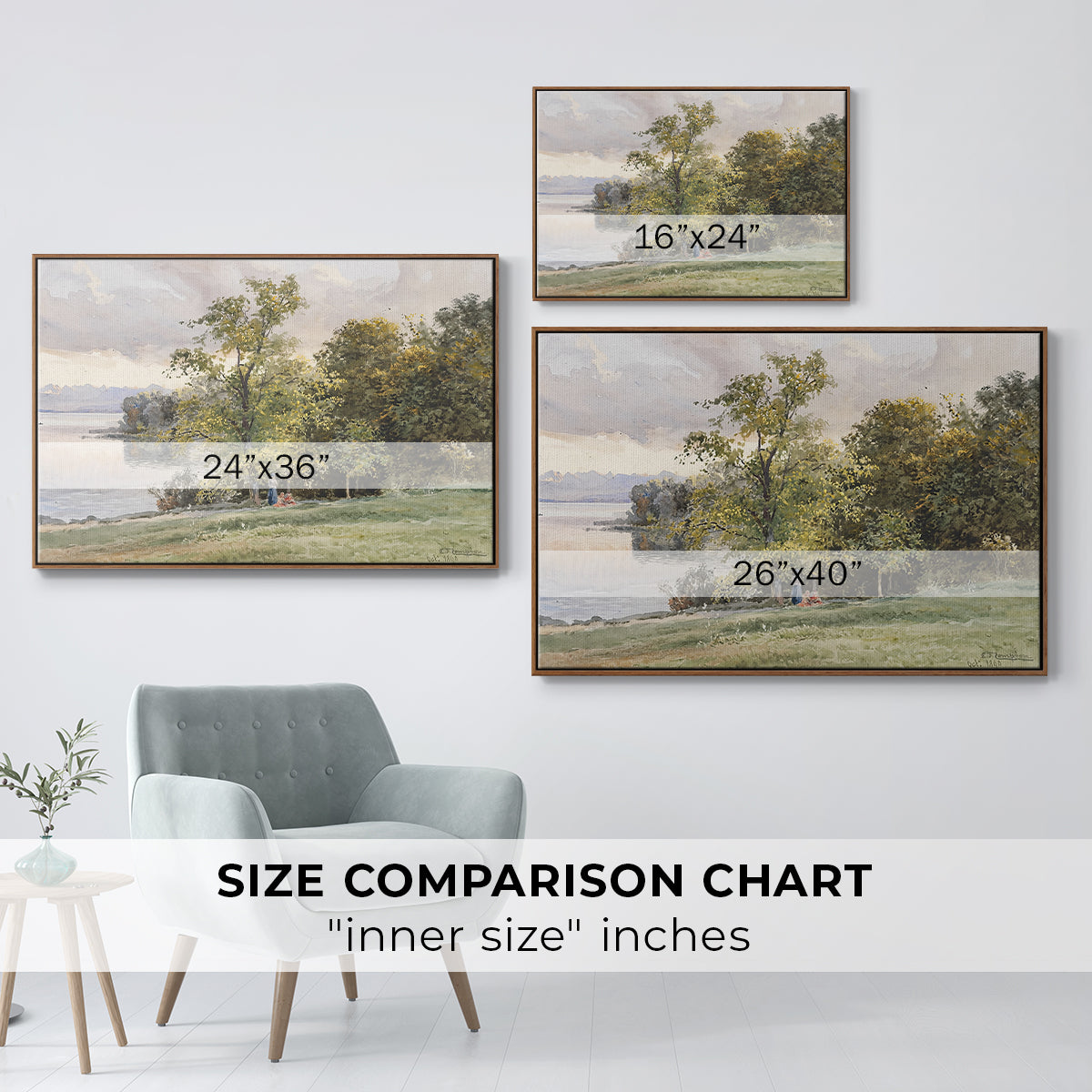 Size comparison chart for walnut floater framed canvas featuring Landscape at Lake Starnberg, 1890 by Edward Theodore Compton.