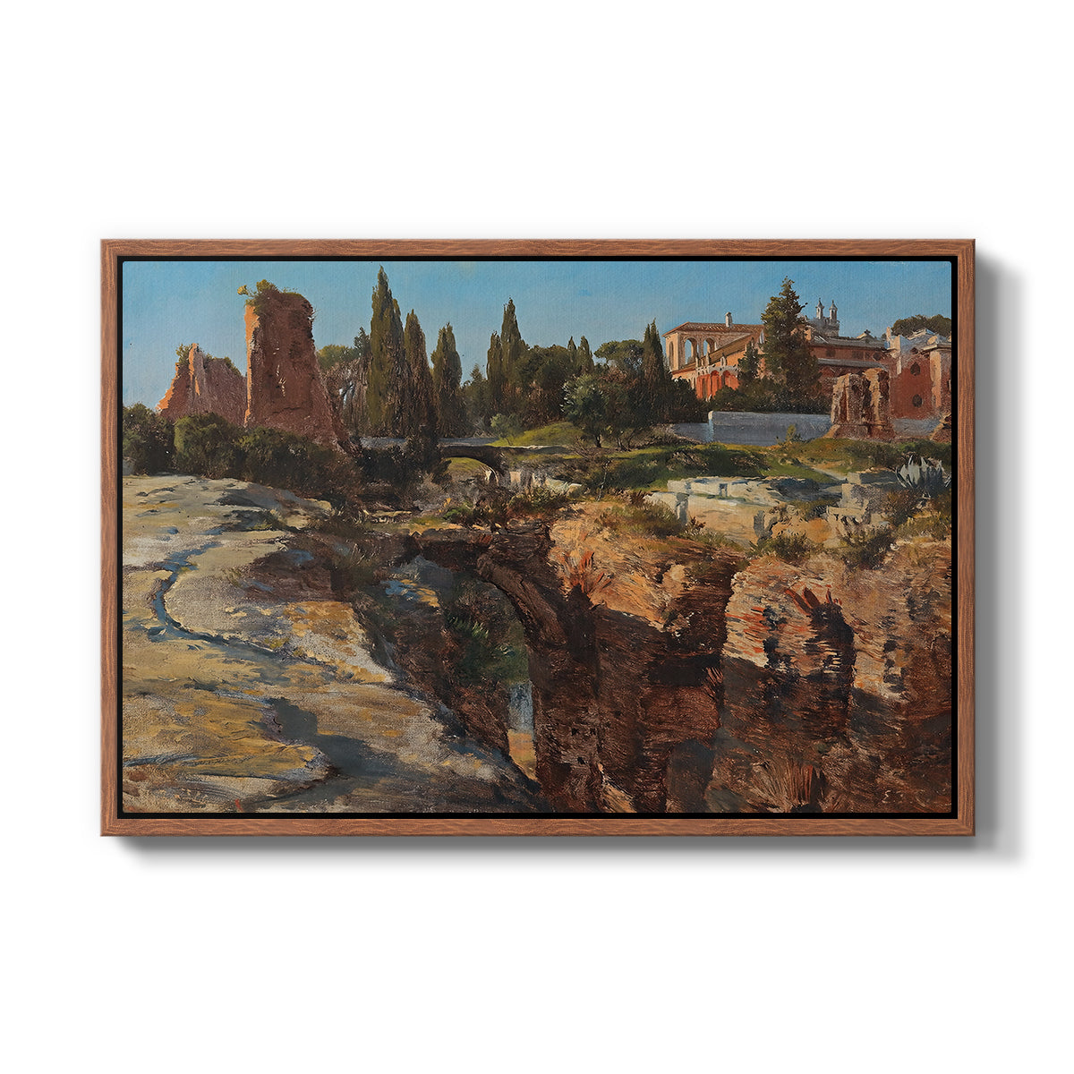 Palatine in Rome, c. 1921 by Edward Theodore Compton in a walnut floater framed canvas wall art display.