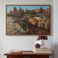 Walnut floater framed canvas featuring Palatine in Rome, c. 1921 by Edward Theodore Compton above an entryway table in a minimalist foyer.