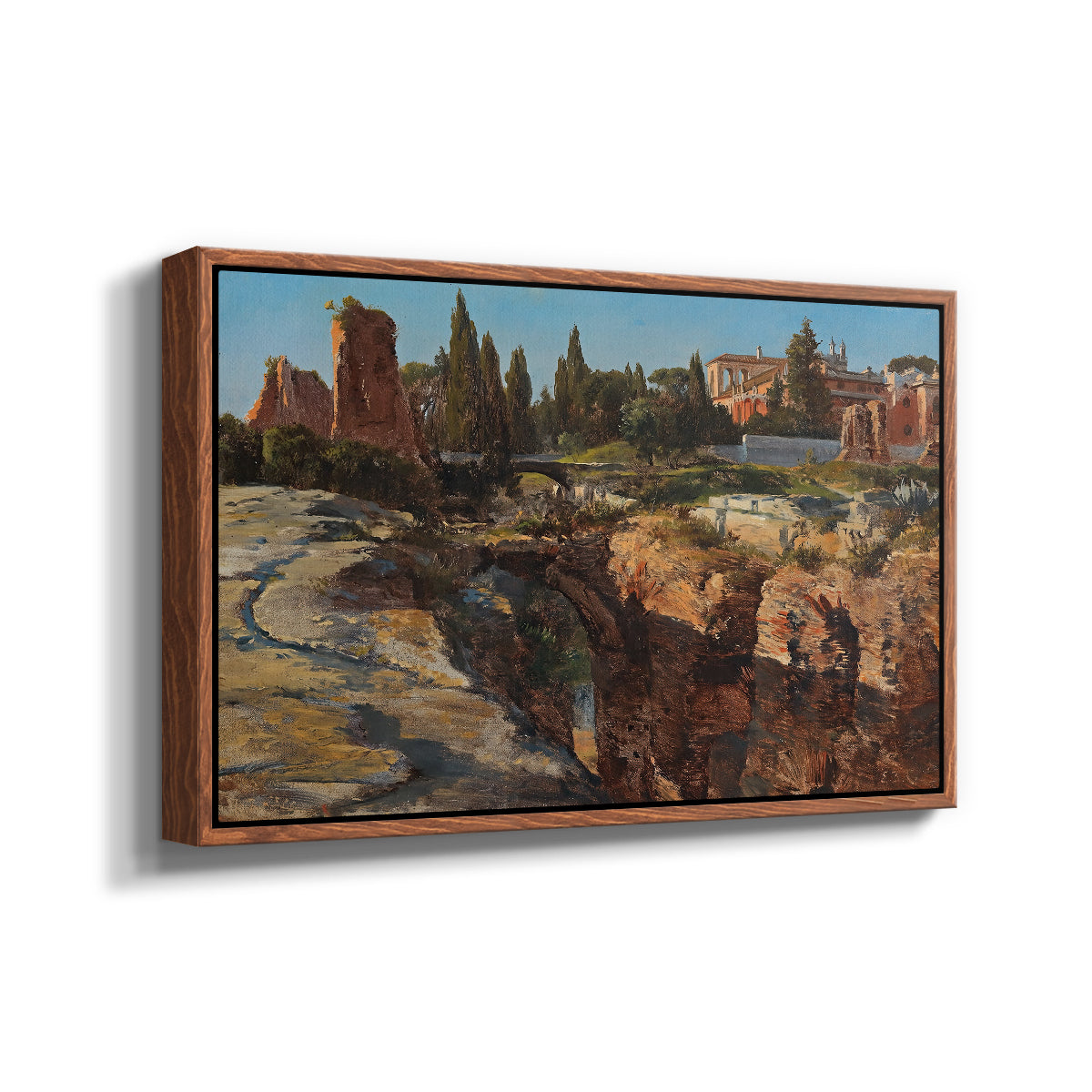 Angled view of Palatine in Rome, c. 1921 by Edward Theodore Compton in a walnut floater framed canvas.