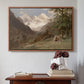 Walnut floater framed canvas featuring Landscape in the Caucasus, c. 1921 by Edward Theodore Compton above an entryway table in a minimalist foyer.