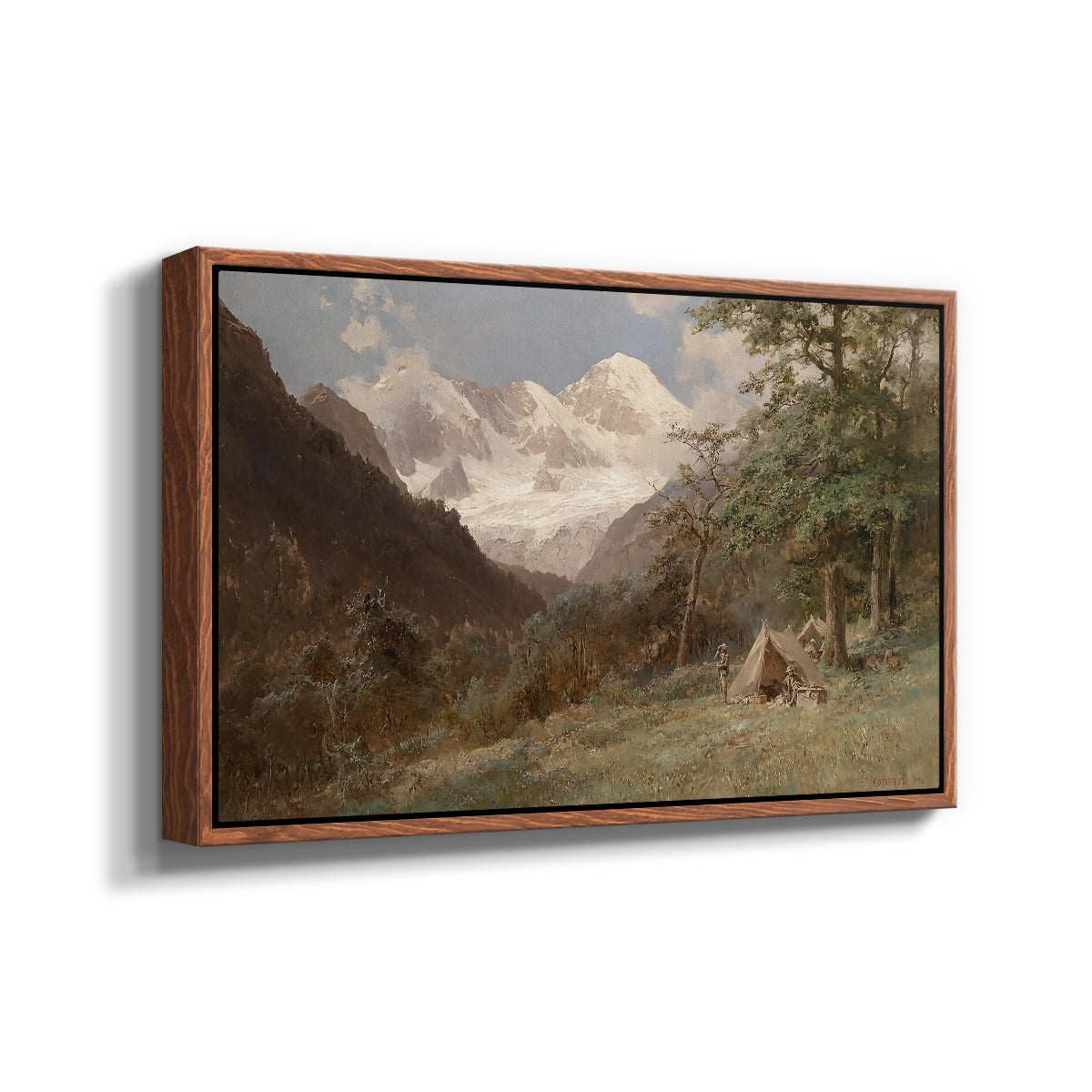 Angled view of Landscape in the Caucasus, c. 1921 by Edward Theodore Compton in a walnut floater framed canvas.
