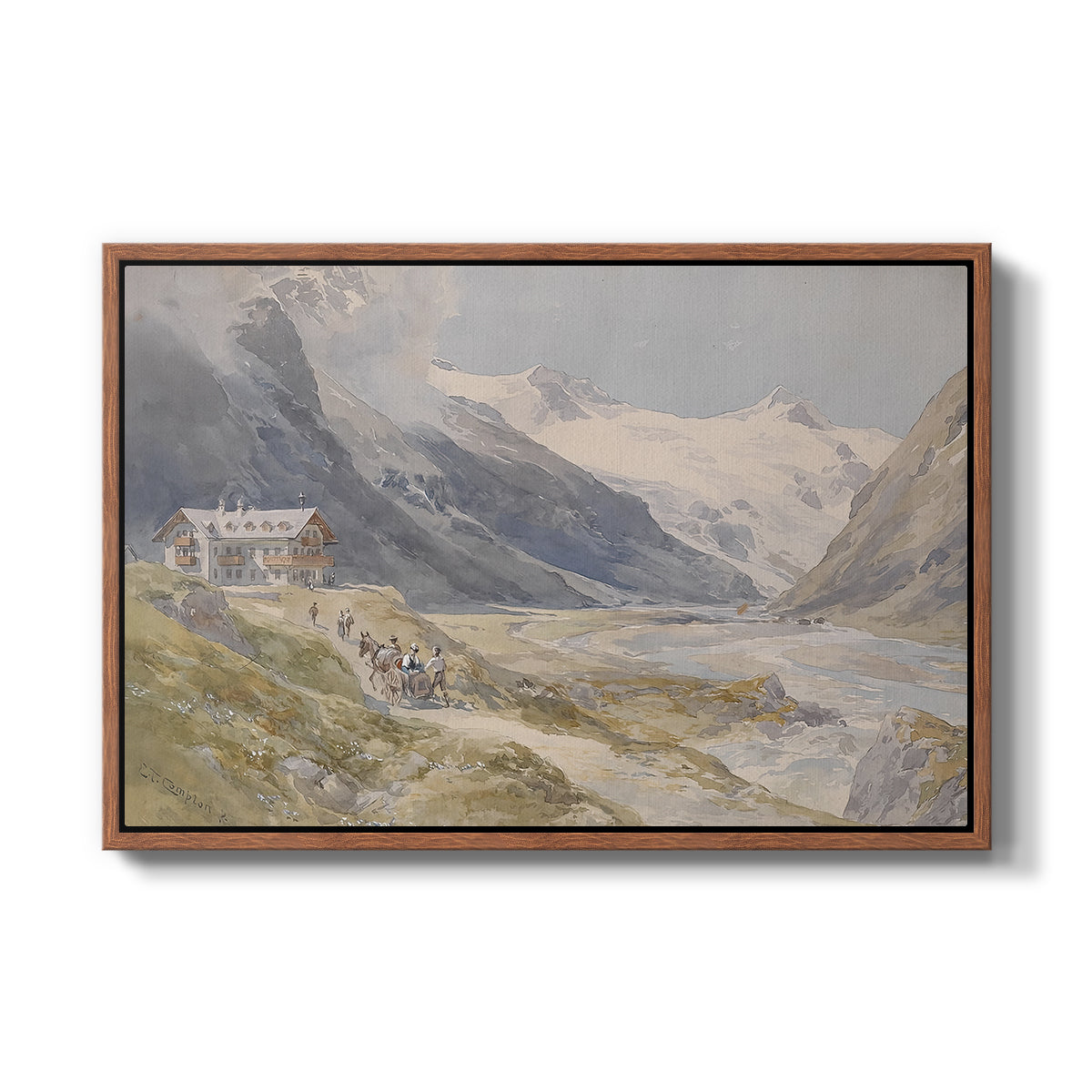 Shepherds (Pasterze), c. 1921 by Edward Theodore Compton in a walnut floater framed canvas wall art display.