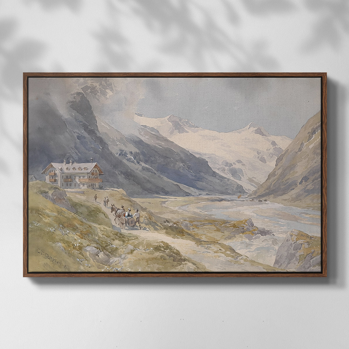 Front view of Shepherds (Pasterze), c. 1921 by Edward Theodore Compton in a walnut floater framed canvas.