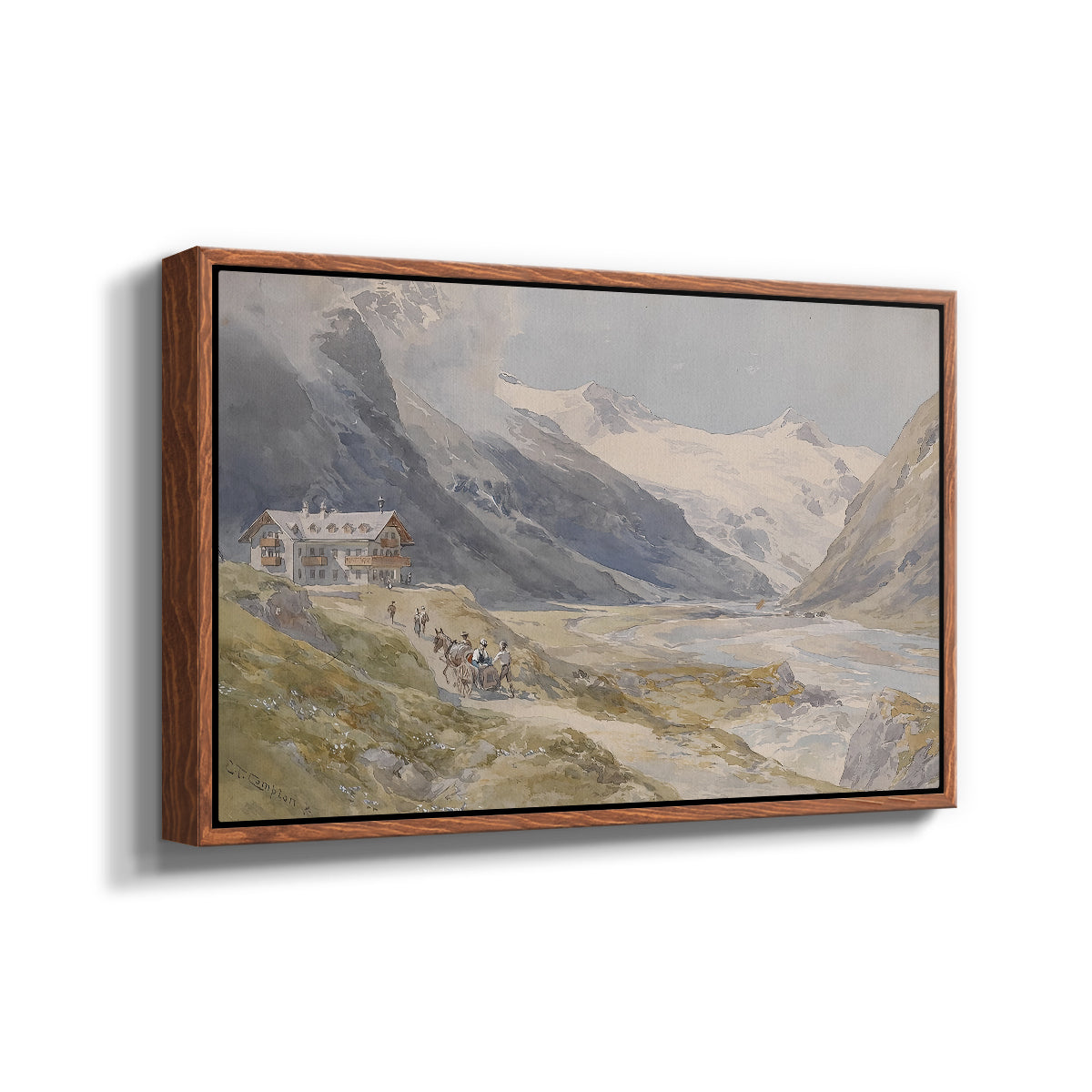 Angled view of Shepherds (Pasterze), c. 1921 by Edward Theodore Compton in a walnut floater framed canvas.