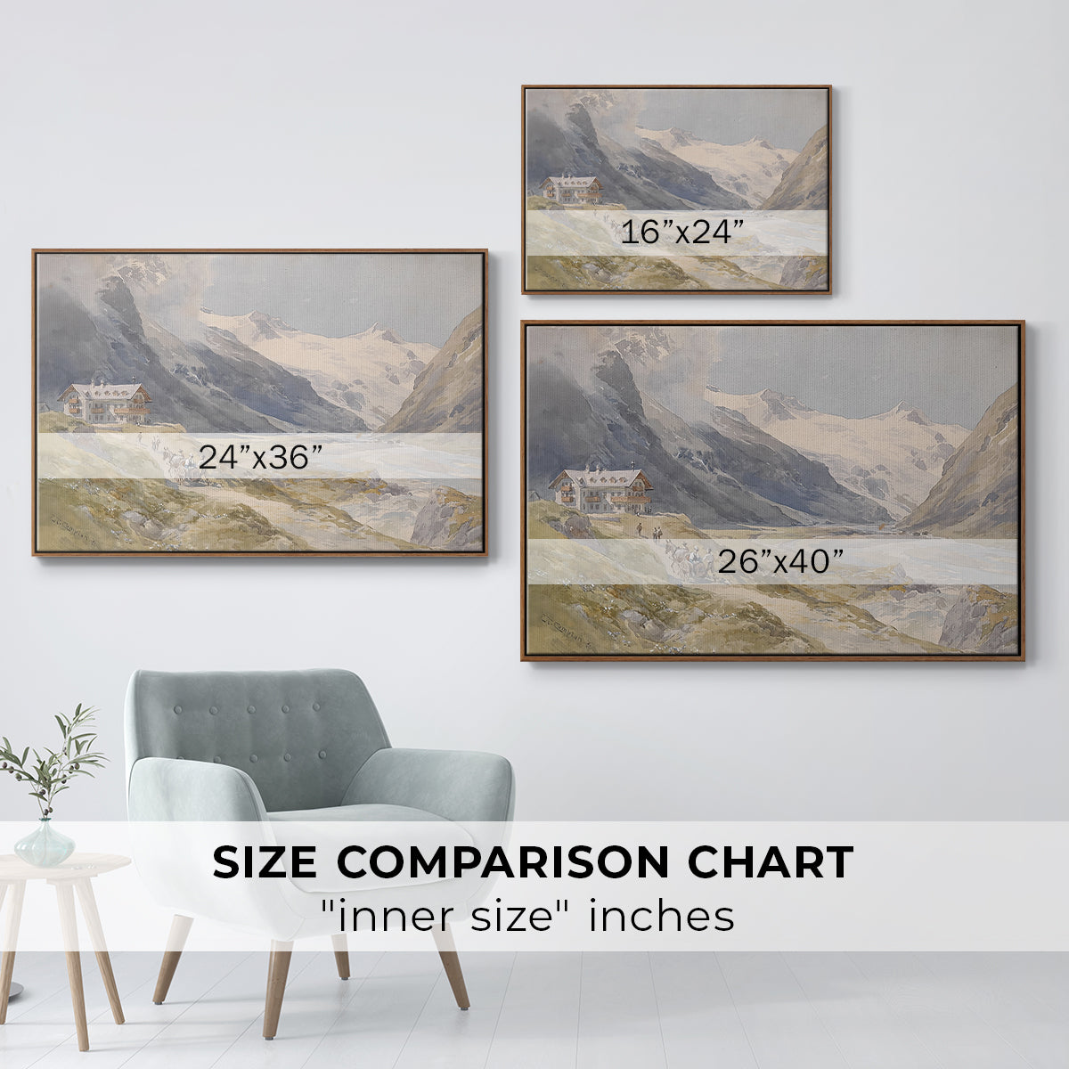 Size comparison chart for walnut floater framed canvas featuring Shepherds (Pasterze), c. 1921 by Edward Theodore Compton.