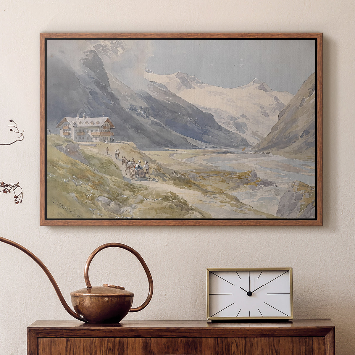 Walnut floater framed canvas featuring a rural alpine setting with shepherds and open terrain, displayed above a cabinet in a soft-toned living room.