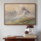 Walnut floater framed canvas featuring From the Dolomites, 1904 by Edward Theodore Compton above an entryway table in a minimalist foyer.