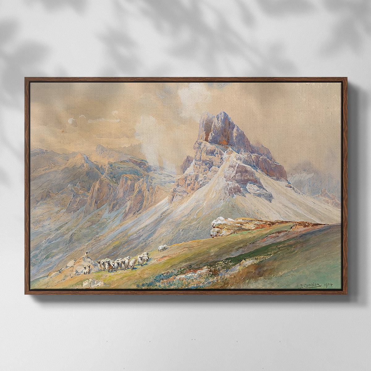 Front view of From the Dolomites, 1904 by Edward Theodore Compton in a walnut floater framed canvas.