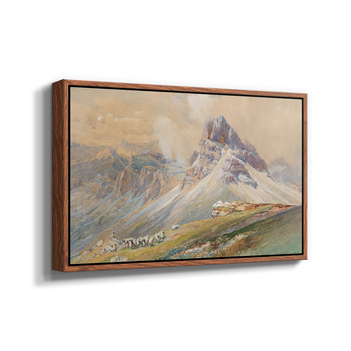 Angled view of From the Dolomites, 1904 by Edward Theodore Compton in a walnut floater framed canvas.